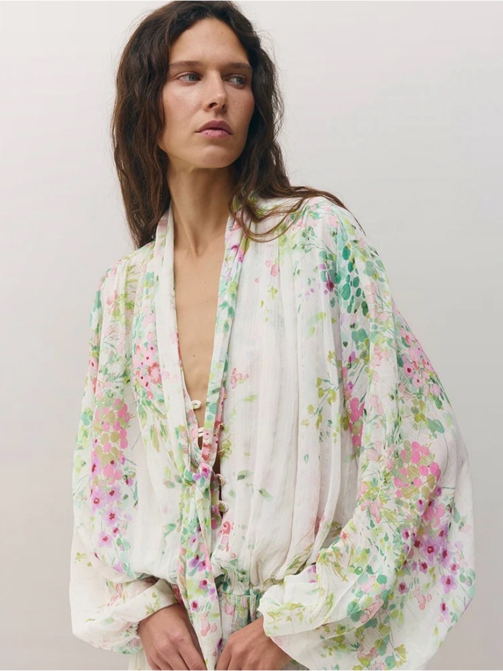 Sabina Musayev Floral Tie-Front Blouse in White, Pink & Green
